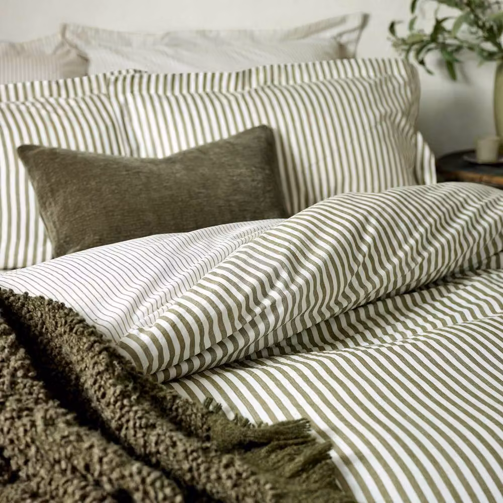 Yard Hebden Striped Cotton Duvet Cover and Pillowcase Set, Green, W: 180 cm x D: 200 cm – 2