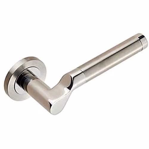 Loops Pair of Cranked Round Bar Lever Door Handles on Round Rose in Polished Satin Stainless Steel with Concealed Fixings