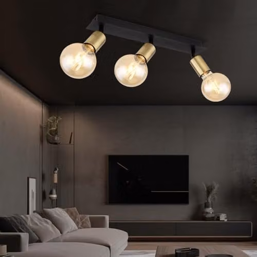 Globo Lighting Black and Gold/Brass Metal Adjustable 3-Bulb Ceiling Spotlight for Living Rooms, 3x E27, W/D/H: 120 x 40 x 12 cm