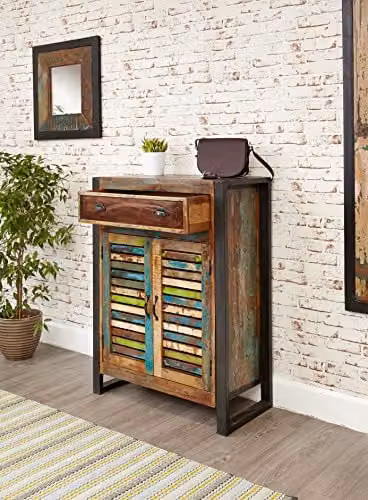 Baumhaus Urban Chic Industrial Shoe Storage Cupboard with Drawer and Hinged Doors, Multicolour Reclaimed Wood and Metal, W/D/H: 107 x 39 x 80 cm