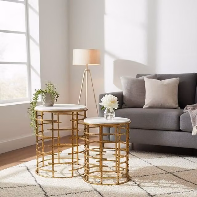Orsina Set of 2 Round Marble Top Nesting Tables in White and Gold – 1