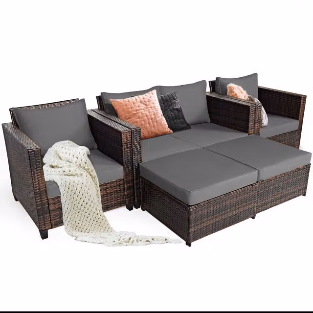 Costway 6-Seater Grey Rattan Garden Furniture Set with L-Shape Sofa, Ottoman and Upholstered Cushions