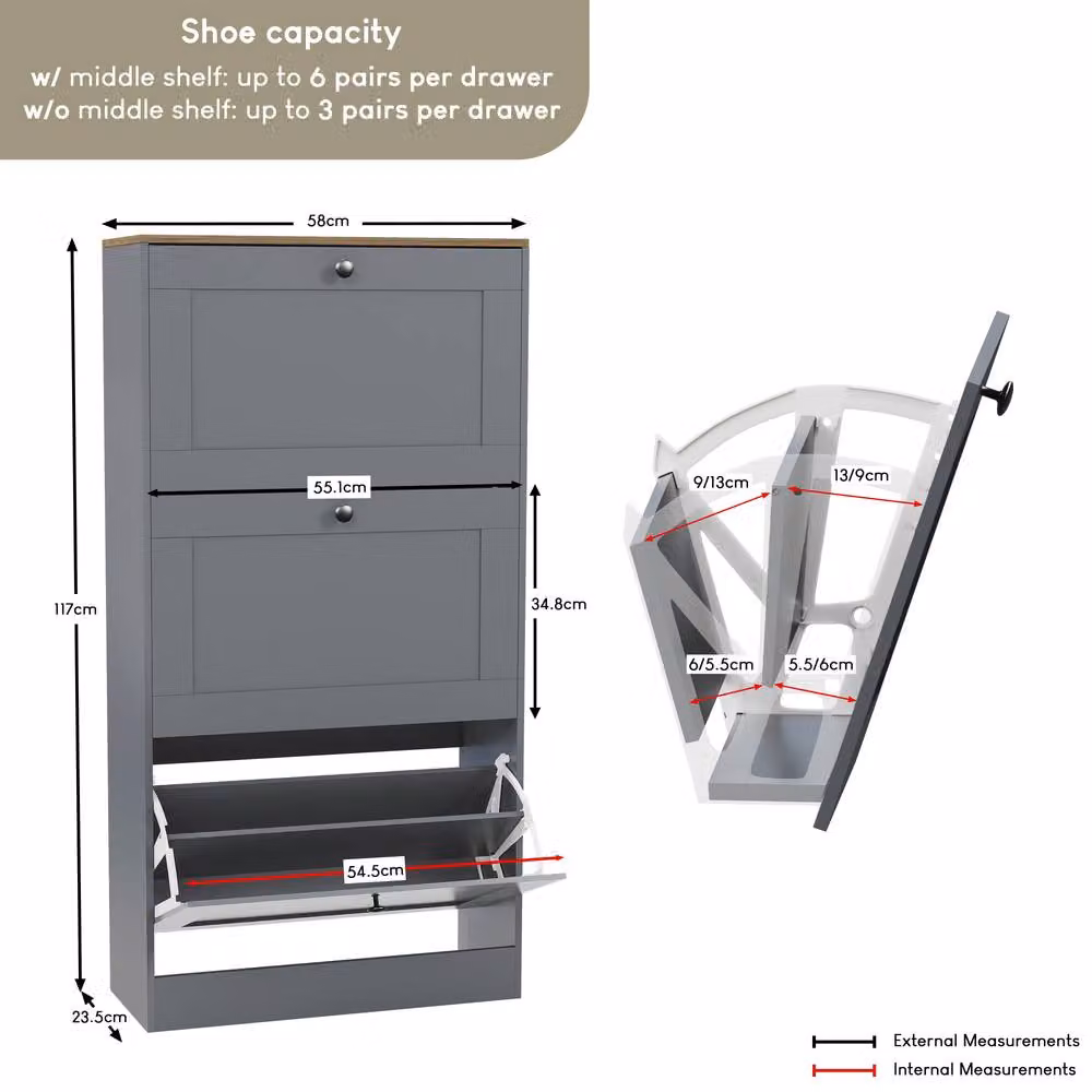 HD Designs Modern Grey 3 Drawer Shoe Cabinet with Tilting Compartments and LED Lighting – 2