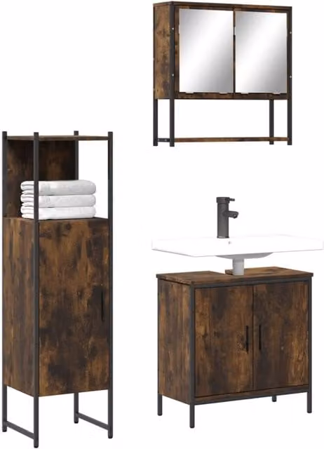 Berkfield Home 3 Piece Brown Smoked Oak Bathroom Furniture Set with Mirror Cabinet and Vanity Unit