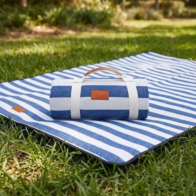 EONLION Extra Large Waterproof Picnic Blanket and Beach Mat in Blue Striped Design, W: 100 cm – 1