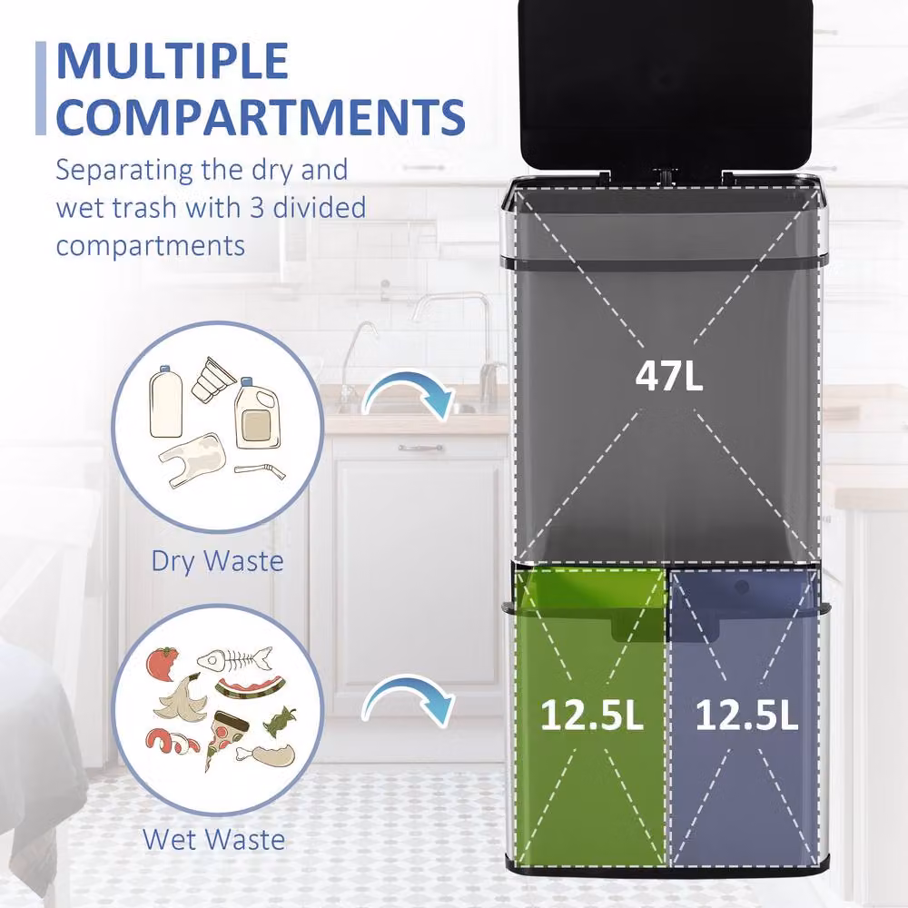 STILVORA 72L Sensor Recycling Bin with 3 Compartments in Grey Stainless Steel – 5