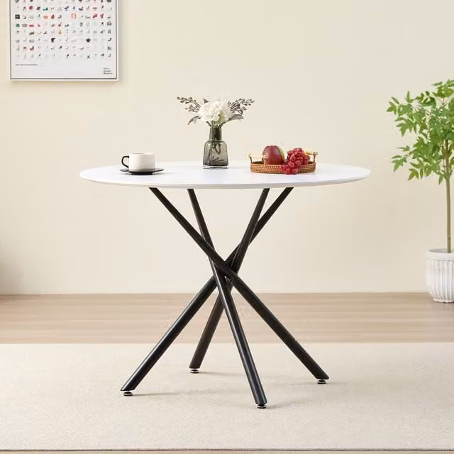 Madefor.living Seattle Circle Round Natural Stone Dining Table with Black Starburst Legs - White