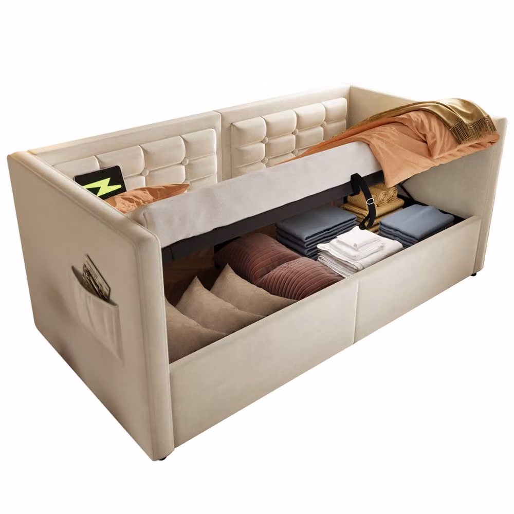 Matteo 3FT Single Sofa Bed in Beige with USB Charging Port and Lift Up Base – 3