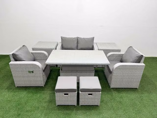 Fimous 6 Seater Light Grey PE Wicker Rattan Garden Furniture Set with Reclining Armchairs, Coffee Table and Matching Ottomans