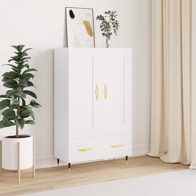 Berkfield Home Modern White Highboard with Hinged Doors and Drawers, W/D/H: 69.5 x 31 x 115 cm