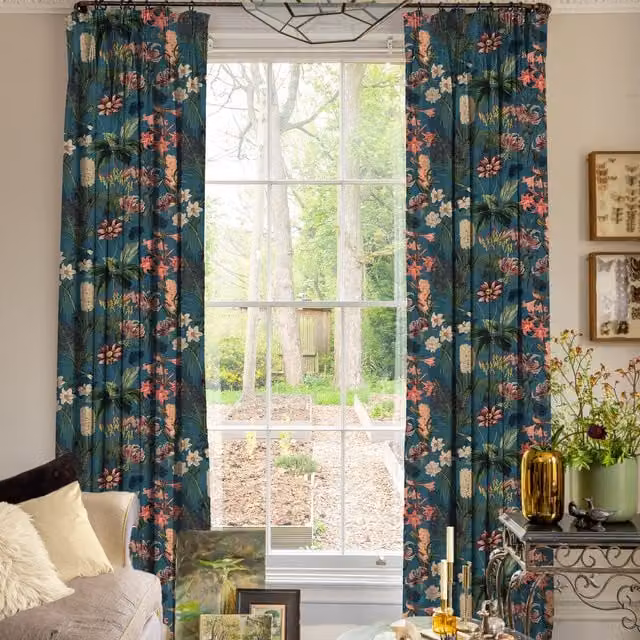 Linda Barker Grandi Floral Velvet Made To Measure Curtains in Kingfisher Multicolour