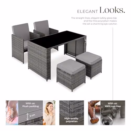 TecTake Grey Rattan Garden Furniture Set with 2 Lounge Armchairs, 2 Ottomans and 1 Glass Top Coffee Table – 3