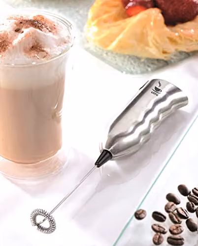 GEFU Marcello Electric Milk Frother, Silver Stainless Steel Handheld Battery Operated Foam Maker – 2