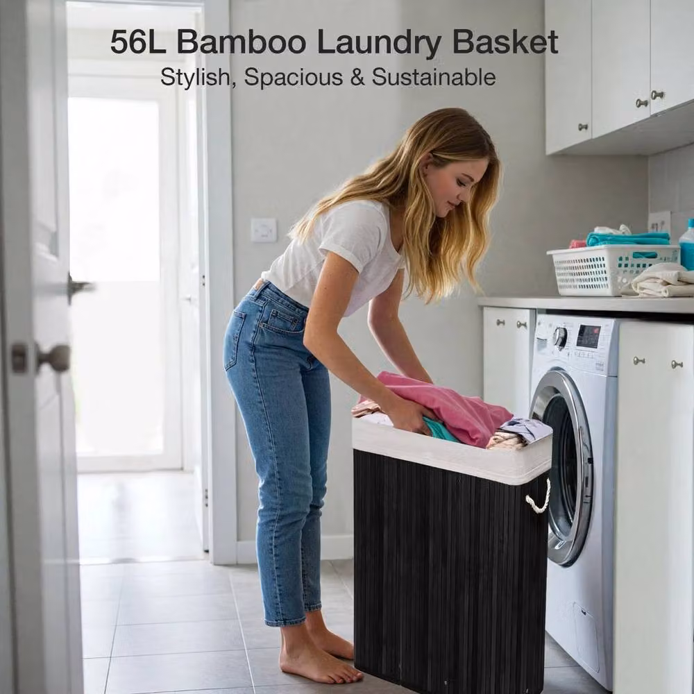 PAWNORA Bamboo Laundry Basket with Lid, Black, W/D/H: 56.0 x 18.0 x 60.0 cm – 5