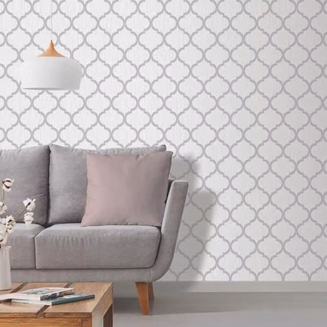 Debona Crystal Trellis Wallpaper in White and Silver