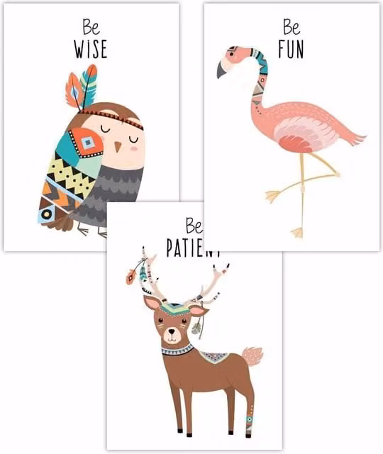 ARTZE Set of 3 Pink Nursery Tribal Owl, Flamingo and Deer Quote Paper Posters, W: 30 cm, H: 42 cm