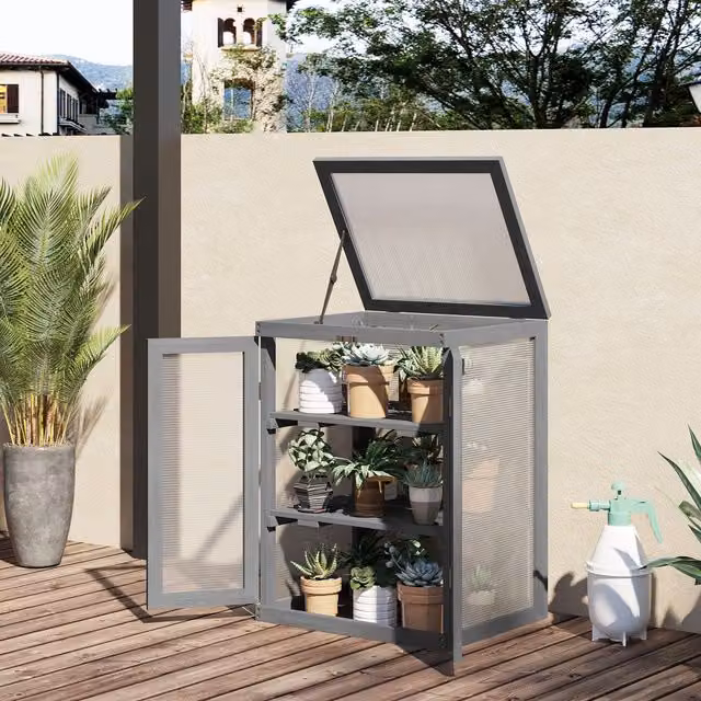 OUTSUNNY Wooden Cold Frame Grow House Greenhouse with Polycarbonate Shelving in Dark Grey, W/D/H: 78 x 58 x 44 cm – 1