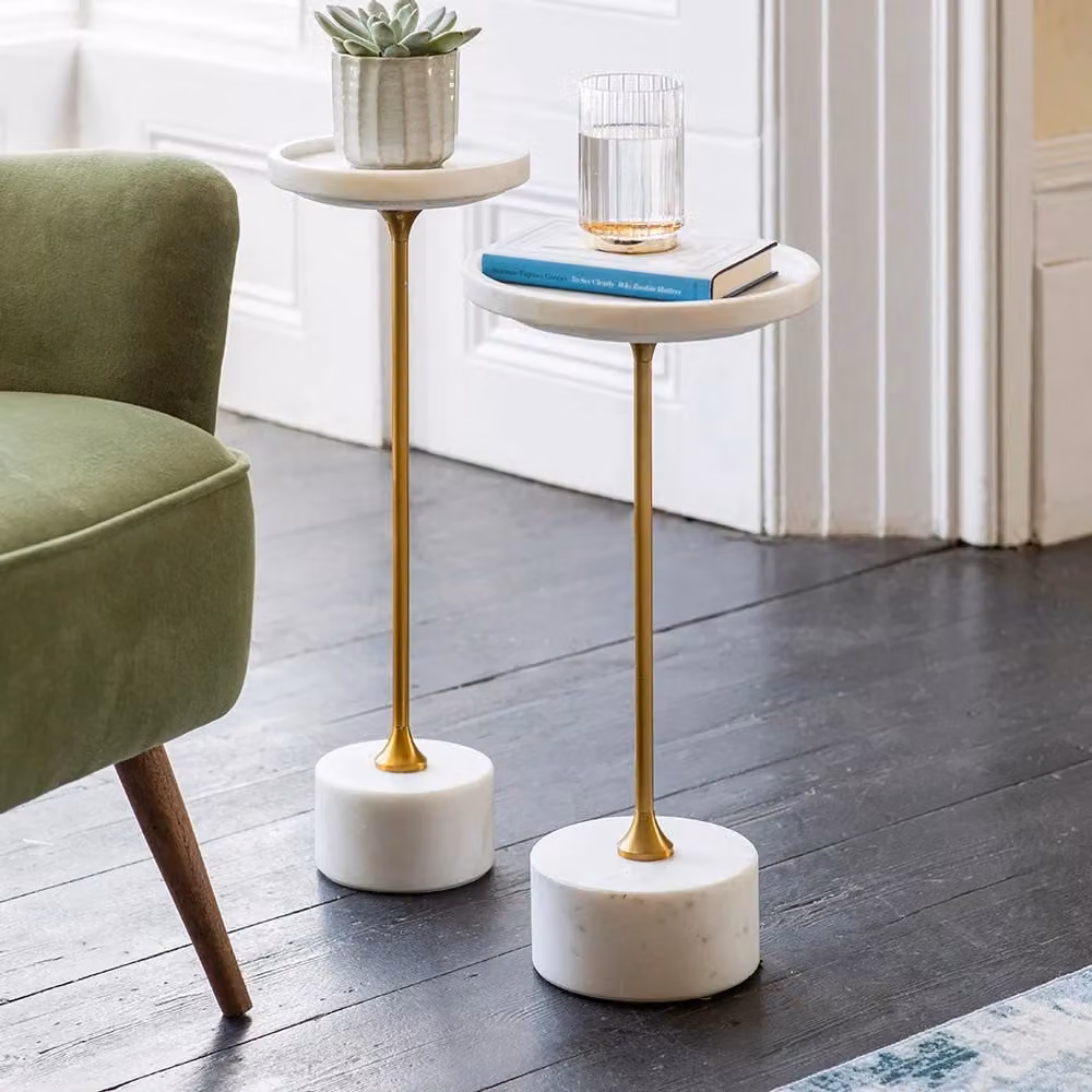 Atkin & Thyme Union Nested Side Tables with White Marble and Metal Tops