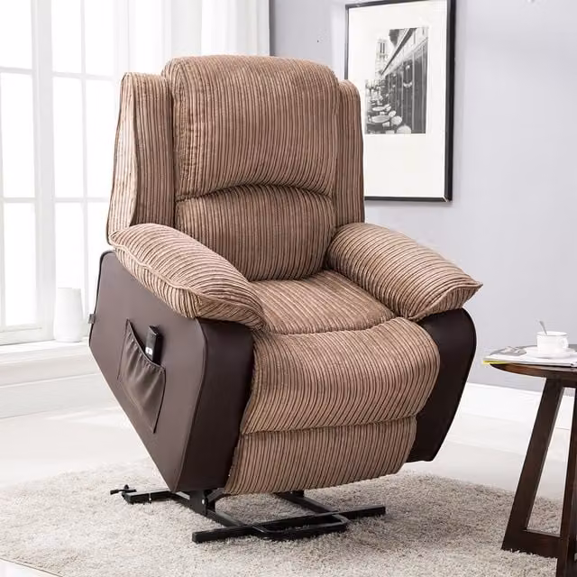 More4Homes Postana Single Motor Electric Rise Recliner Armchair in Brown Jumbo Cord Fabric – 1