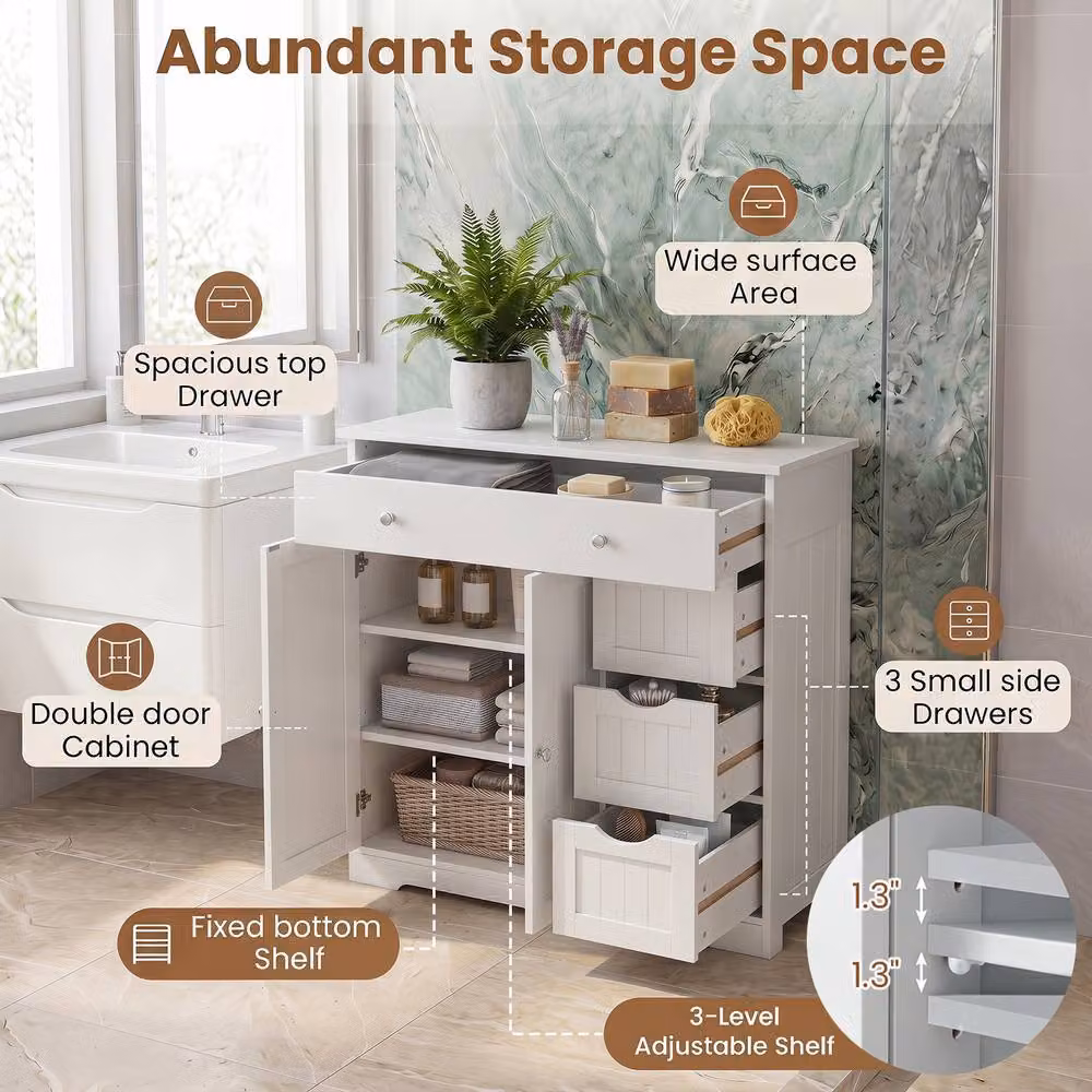 Costway White Modern Bathroom Floor Cabinet with 4 Drawers and 2 Doors – 2