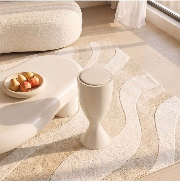 Living and Home 13L Goblet-Shaped Plastic Rubbish Bin with Push-Open Lid and Wheels in Beige – 1