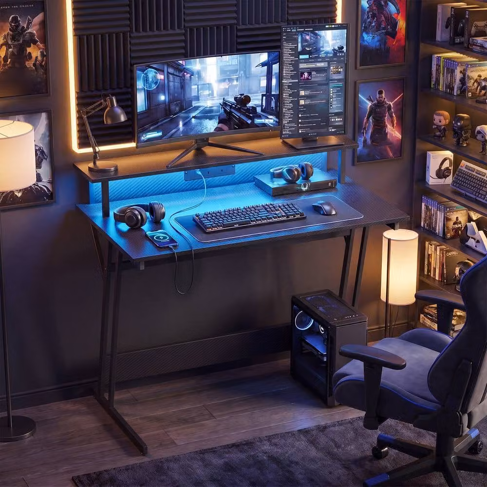 HOMCOM Black LED Gaming Desk with Monitor Stand and Power Outlets, W: 100 cm, D: 60 cm – 2