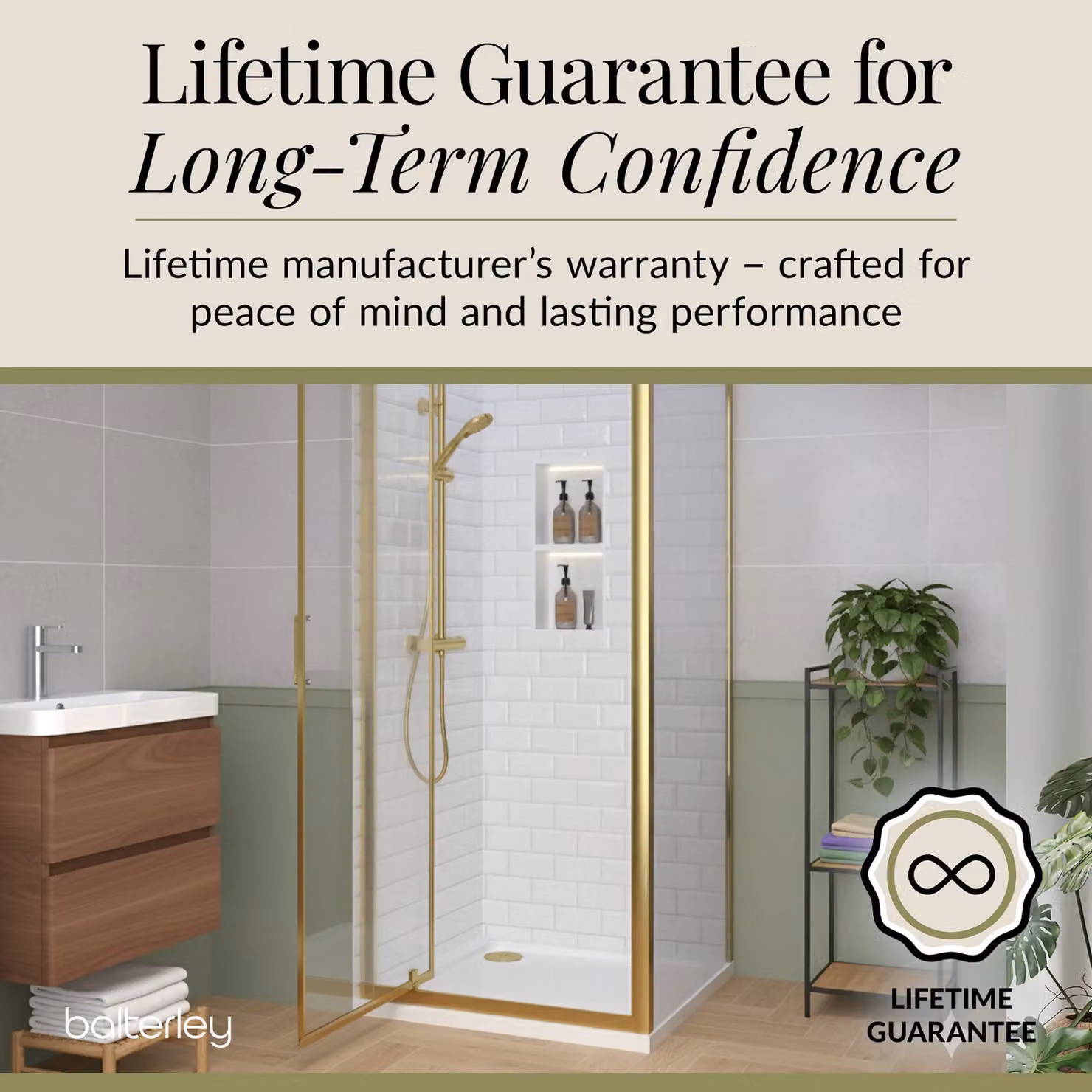 Balterley Ruwa Pivot Shower Suite with 6mm Toughened Glass Side Panel and Square Tray in Gold and White, W/D/H: 800 x 800 x 190 mm – 2