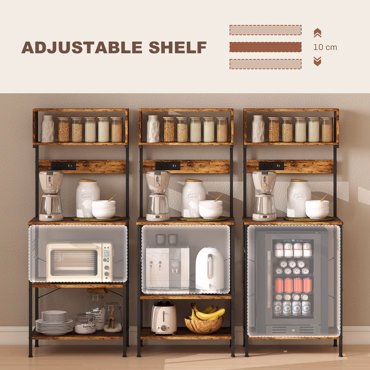 HOMCOM Bakers Rack with Power Outlet and USB Charger, Rustic Brown Kitchen Storage Unit with Adjustable Shelves and 5 Hooks – 5
