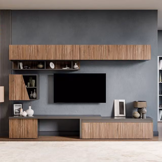 Decorotika Milan Modern Wall Mounted Entertainment Center in Black with Geometric Alina Pattern