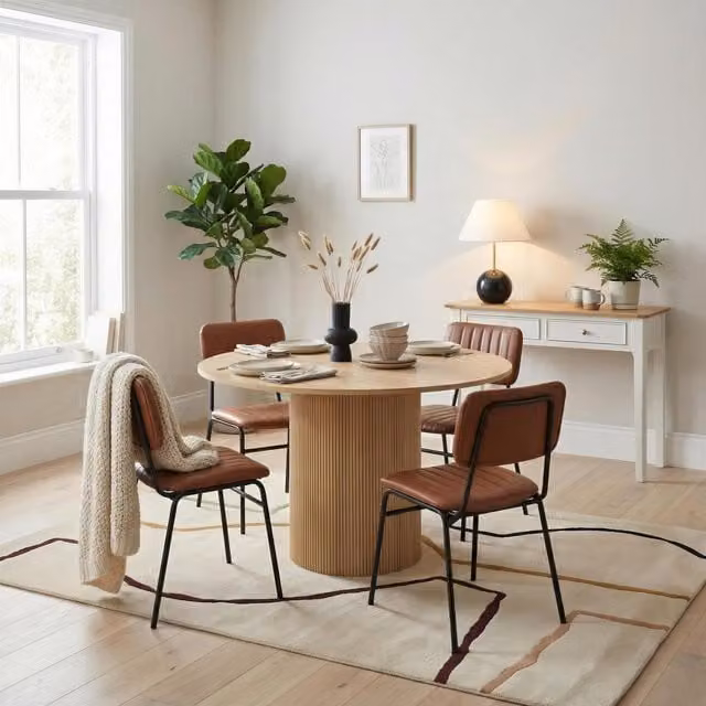 FurnitureboxUK Penrose Oak Effect Round Dining Table and 4 Delta Chairs in Tan