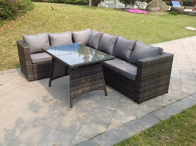 Fimous 6 Seater Dark Grey Rattan Corner Sofa Set with Dining Table and Footrest for Your Garden