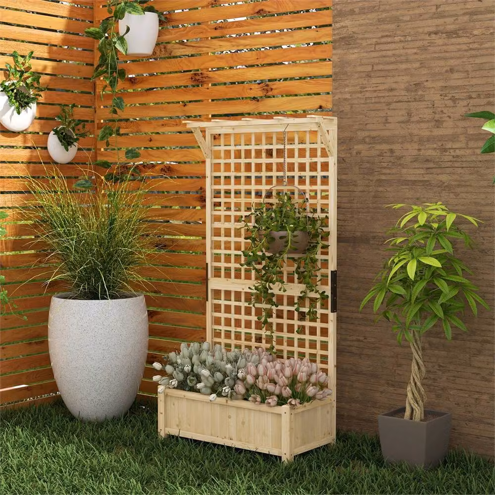 Nordara Natural Wooden Raised Bed Planter with Trellis and Drain Holes in Beige – 4
