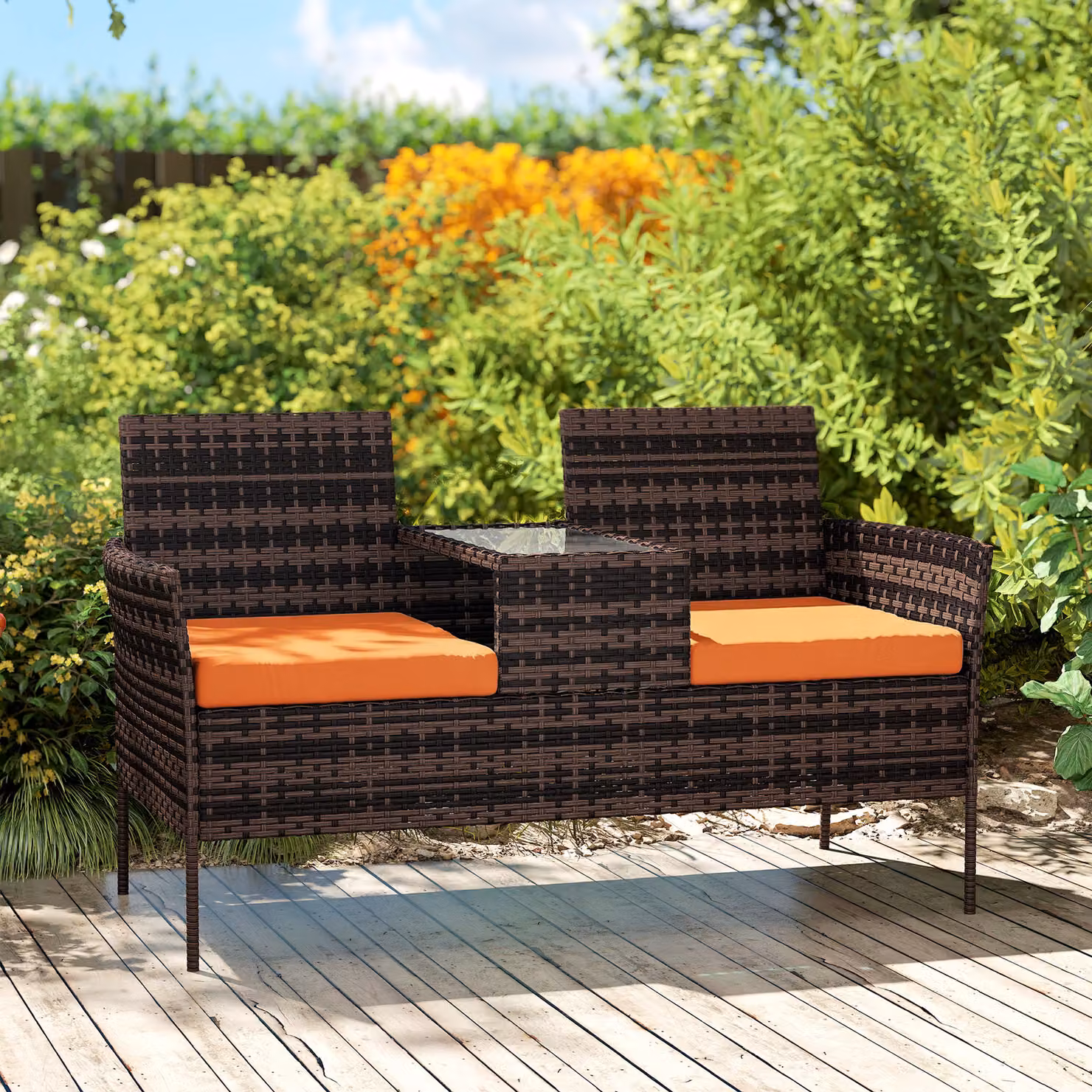 Outsunny Two-Seat Rattan Chair Set with Middle Table in Orange – 9