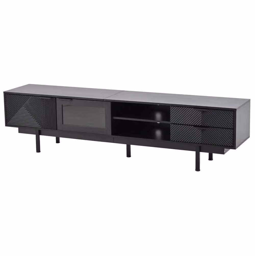 Stilvora Modern Black Matt TV Stand with 2 Doors, 2 Drawers, Shelves and Metal Accents – 5