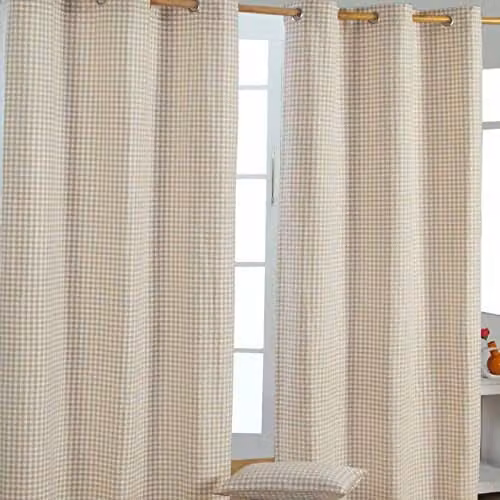 HOMESCAPES Beige Gingham Check Eyelet Curtain Pair, 100% Cotton, Width: 137 cm, Drop: 182 cm