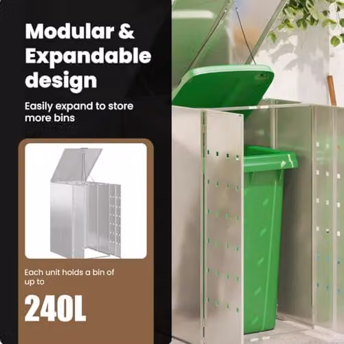 vidaXL Wheelie Bin Storage with Gas Lift-up Lid for 240L Bin, Silver Stainless Steel – 3