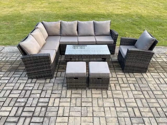 Fimous 9 Seat Rattan Garden Furniture Set with Corner Sofa, Chairs, Table and 2 Footstools in Dark Grey