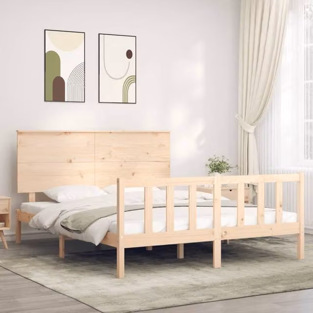 Berkfield Home King Size Solid Pine Wood Bed Frame with Headboard in Brown, W/D/H: 180 x 200 cm