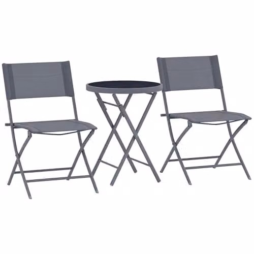 Outsunny 3 Piece Outdoor Bistro Set with Glass Top Round Table and 2 Folding Chairs in Grey
