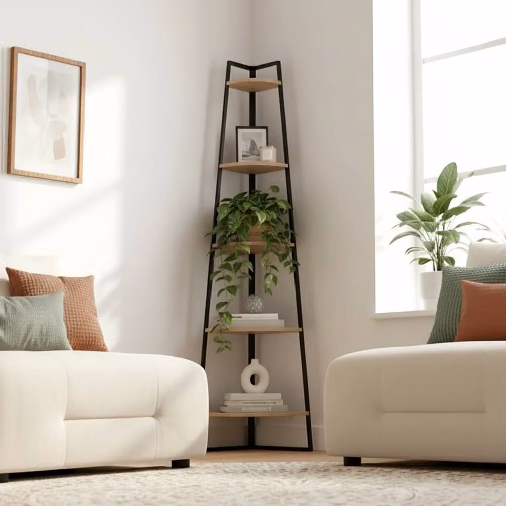 CALICOSY 5-Tier Corner Shelf in Black with Wood Finish, H: 180 cm, W: 36 cm, D: 36 cm – 2