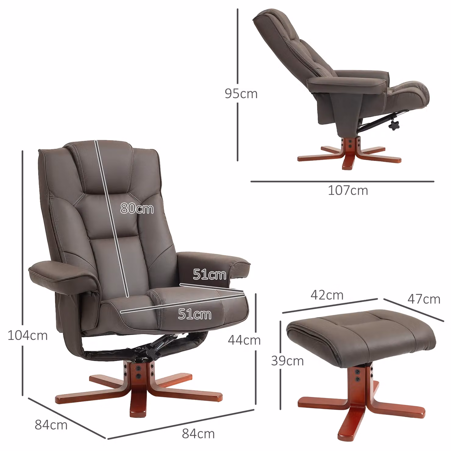 HOMCOM Brown Synthetic Leather Reclining Armchair with Footstool and Adjustable Backrest – 3