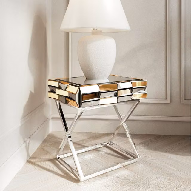 Carme Knightsbridge Modern Square Glass and Metal Side Table in Silver and Gold
