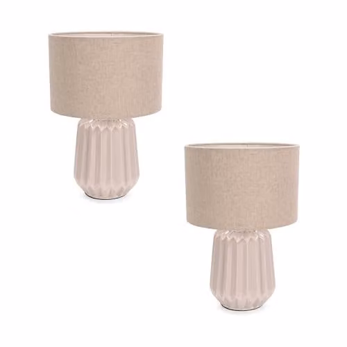 ValueLights Pair of Stone Textured Ceramic Table Lamps with Fabric Drum Shades in Beige, LED Bulbs Included – 1