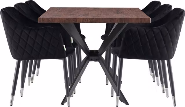 Life Interiors Verona Duke LUX Dining Set with Rectangular Wood Table and 6 Black Velvet Chairs