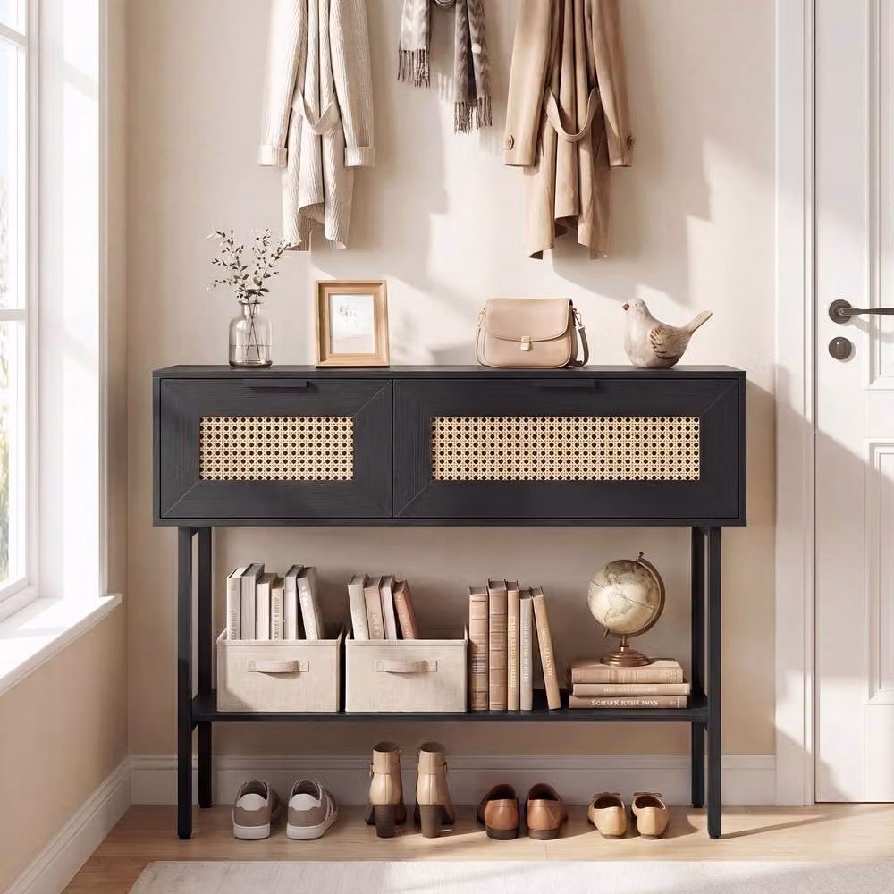 Costway Boho Rattan Console Table with Flip Doors and Open Shelf in Black – 4