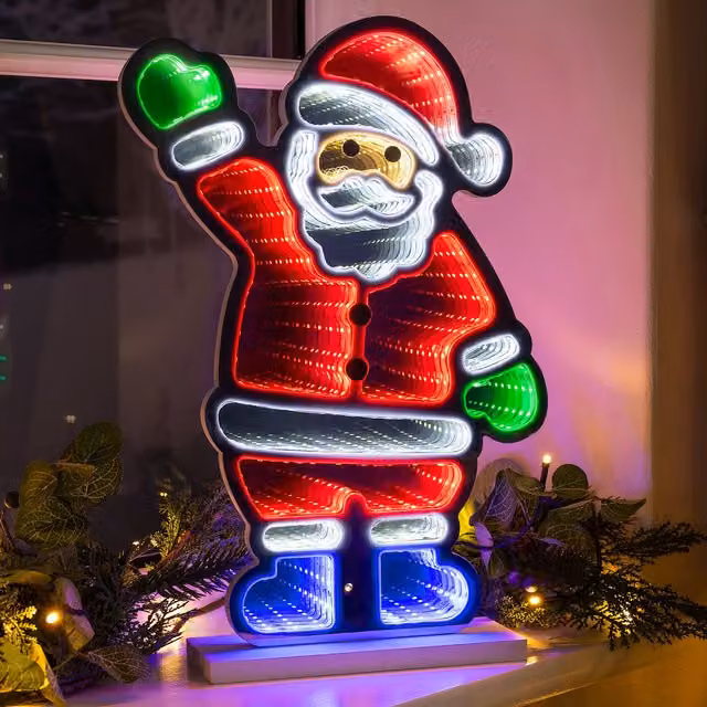 Christow Santa LED Christmas Infinity Light with Wooden Base, Multicolour, Height: 40 cm