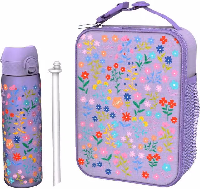 ION8 Insulated Medium Lunch Bag with Recyclon Bottle and Straw in Ditsy Floral Purple Multicolour