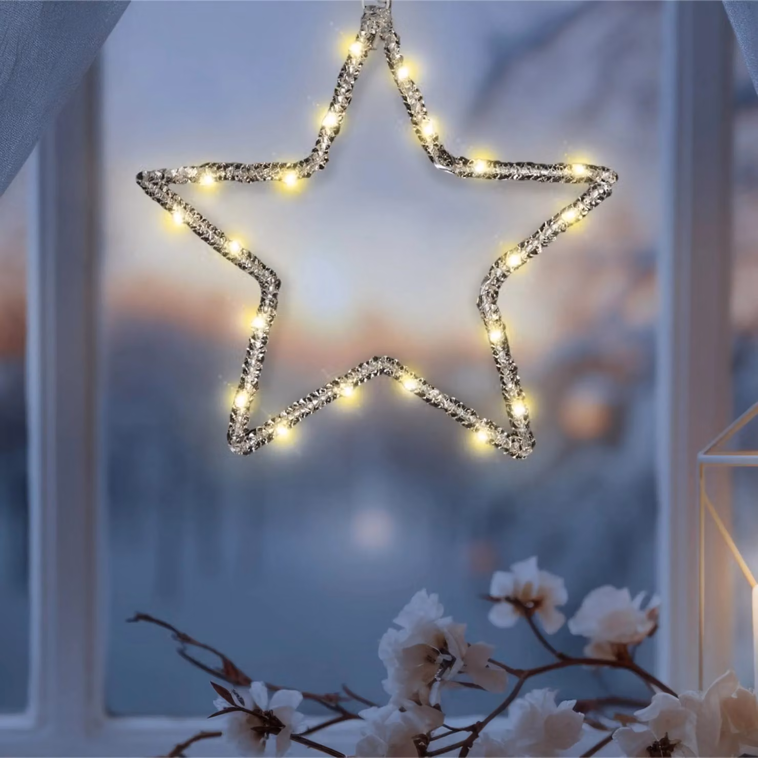 Pegdev Elegant Pre Lit Star Christmas Hanging Light, Warm White Micro LEDs with Timer, White, 25 cm – 2