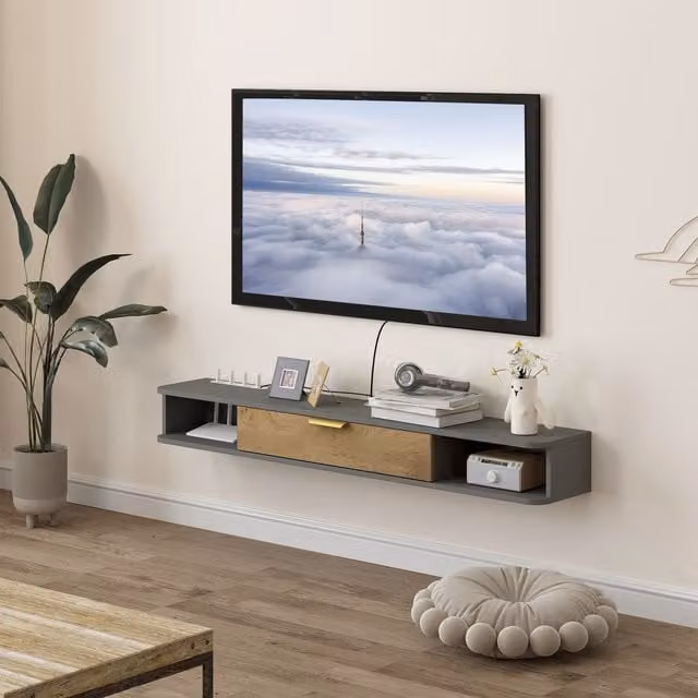 HOMCOM Modern Floating TV Unit with Storage in Grey and Black, 140 cm – 1