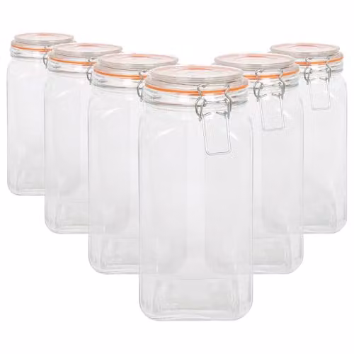 Argon Tableware Pack of 6 Transparent Square Glass Jars with Clip-Top Lids, 1.7 l